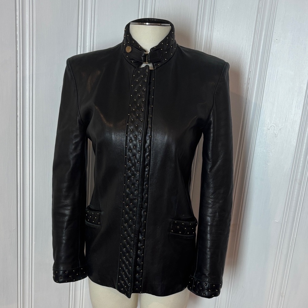 Black Leather Fur Lined Moto Jacket With Gold Studs - Size EU 44